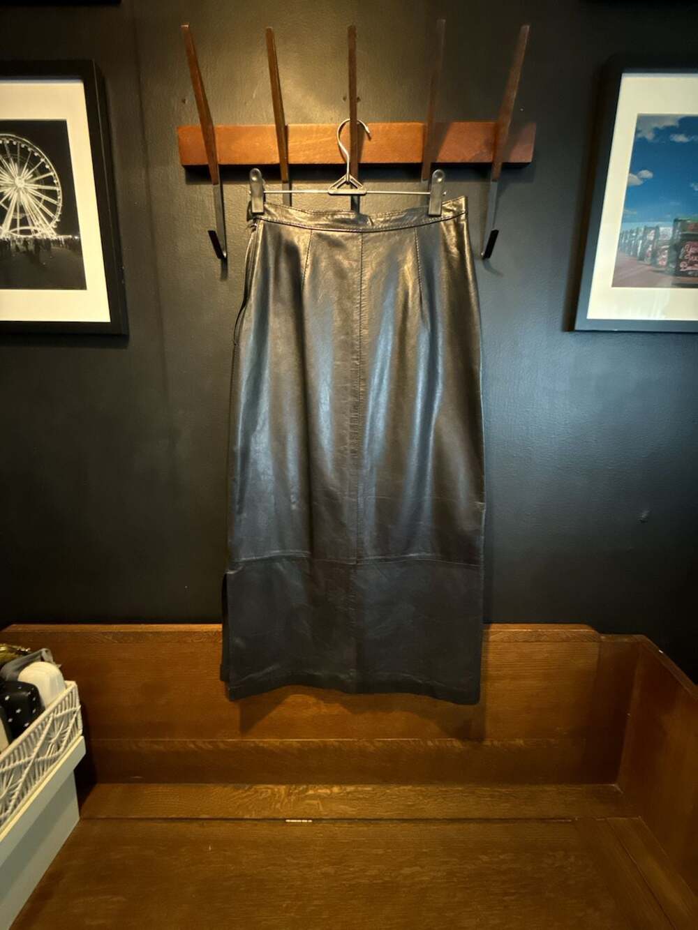 Pour Le Sport Vintage Black Genuine Leather Midi Skirt